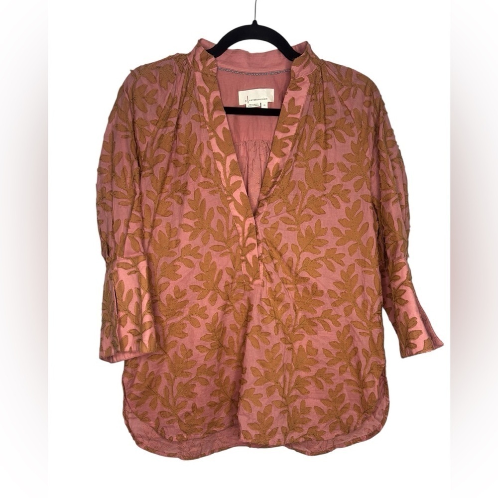 Anthropologie Oversized Embroidered Leaf Design V Neck Blouse Size XS